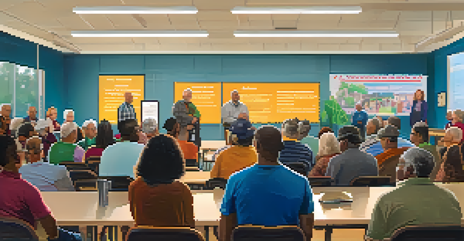 A community meeting with diverse individuals discussing public transit accessibility in a local hall, with a presentation screen in the background.