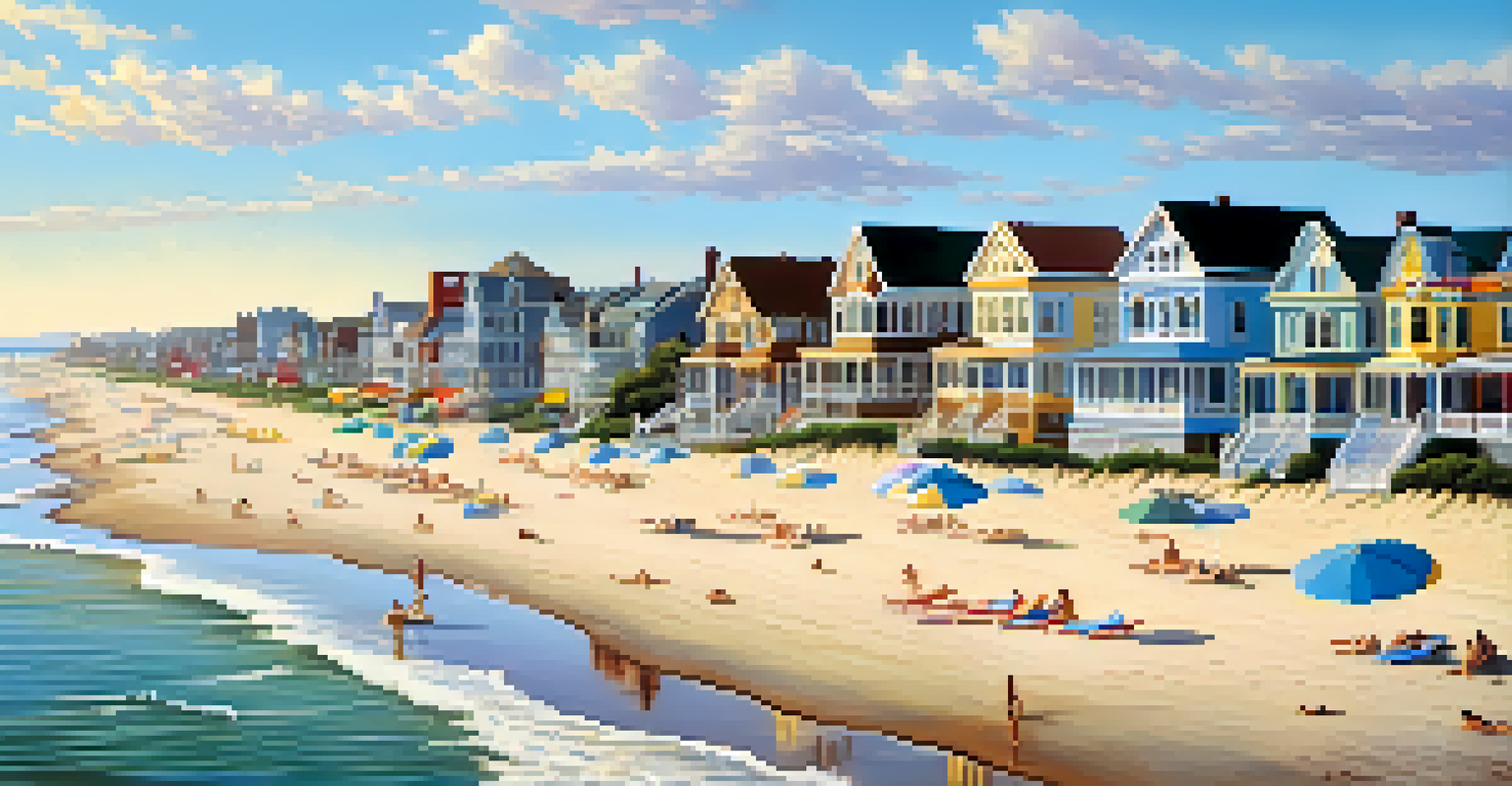 A beautiful beach scene in Cape May, featuring Victorian houses and beachgoers enjoying the sunny shore of the Atlantic Ocean.