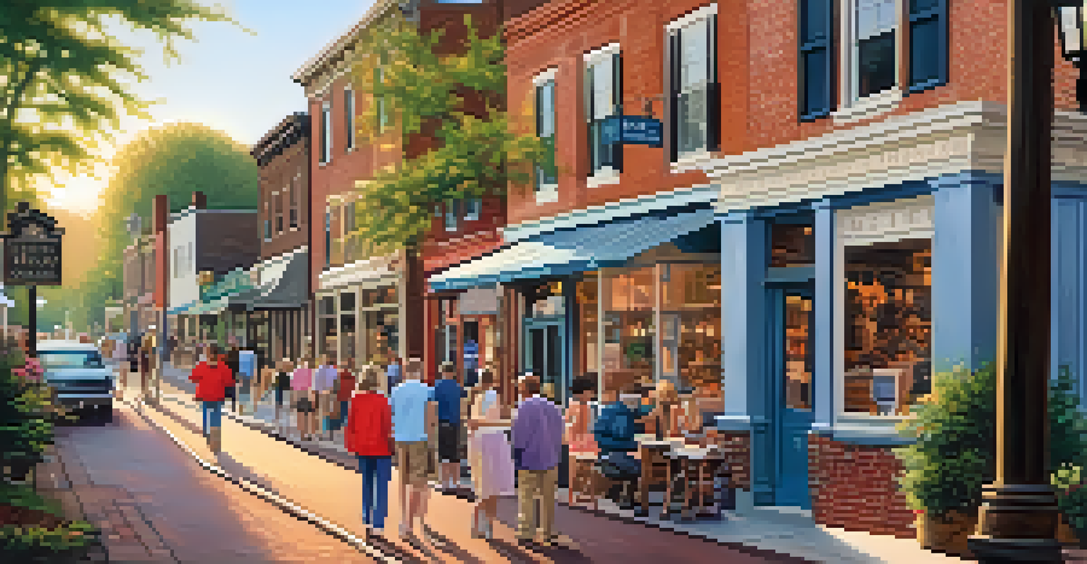 A vibrant Main Street in New Hope, lined with art galleries and people enjoying the scenery near the Delaware Canal at sunset.