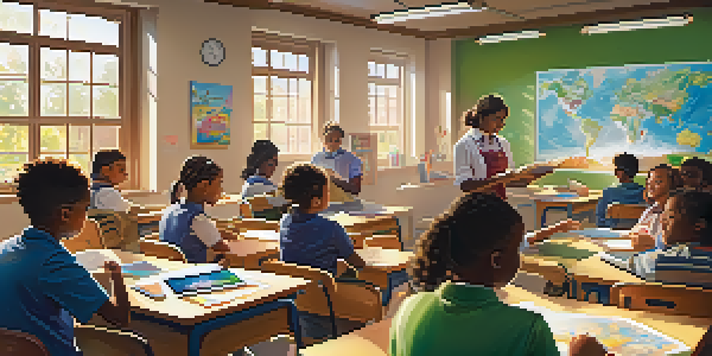 A bright classroom with diverse students interacting with a teacher and using technology for learning.