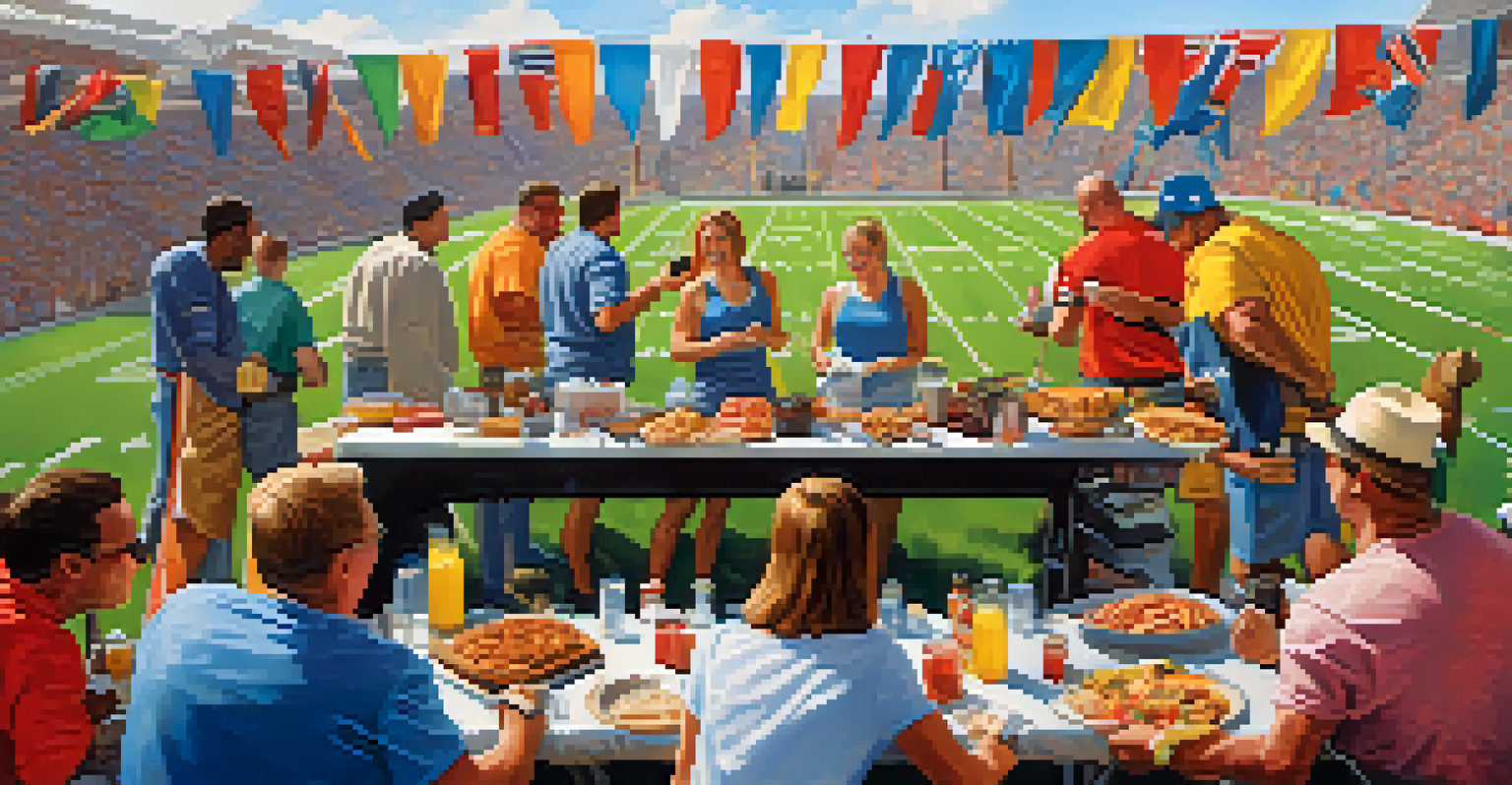 A vibrant tailgating scene with fans grilling and celebrating before a football game.