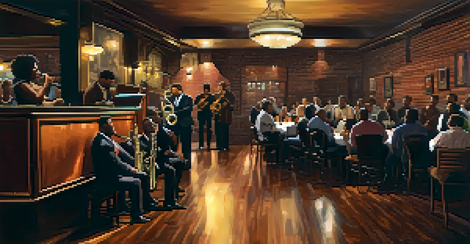 A cozy jazz club with musicians performing under warm lights, and an engaged audience enjoying the music.