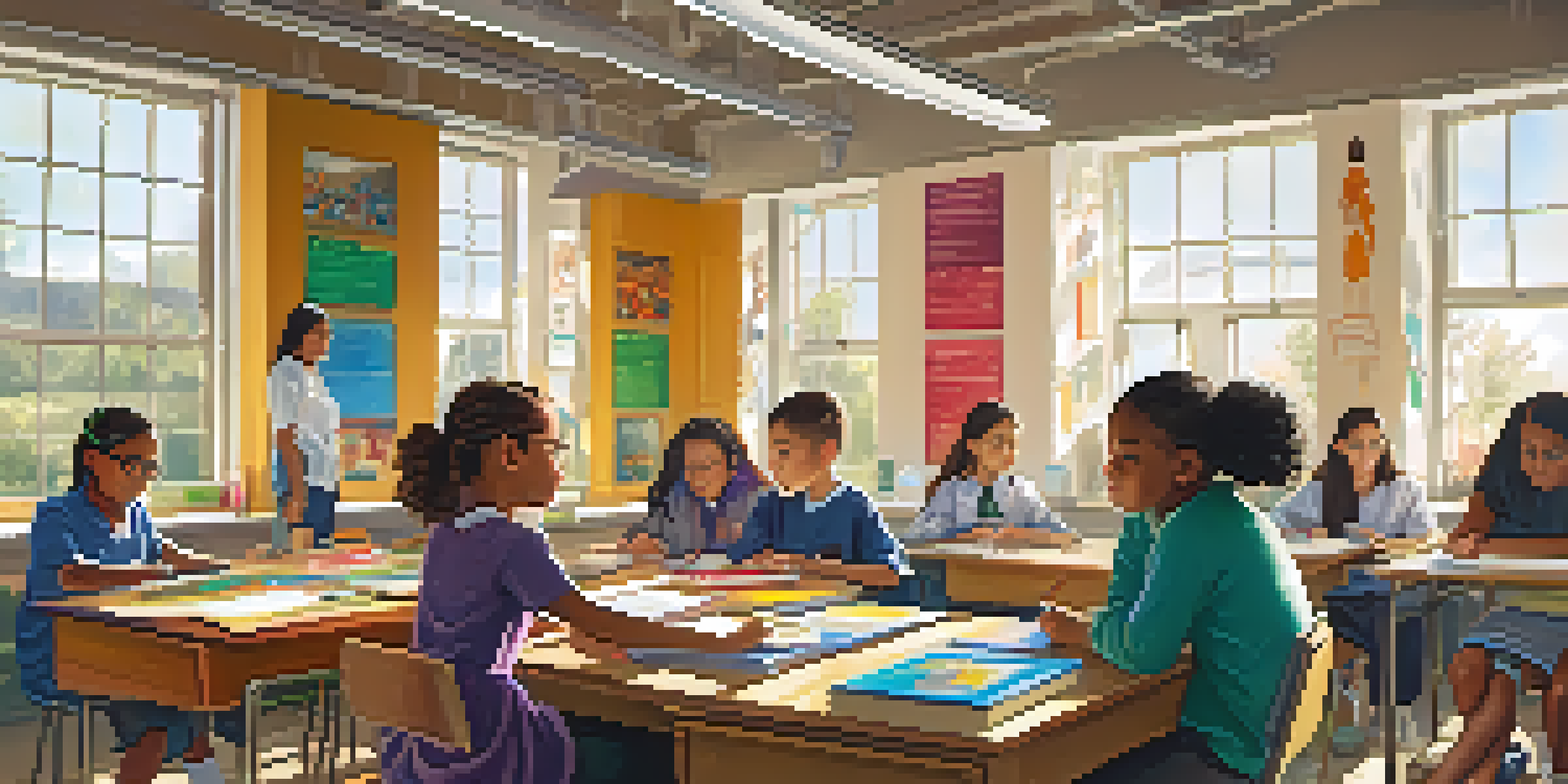 A diverse group of students working together in a colorful classroom with a teacher guiding them.