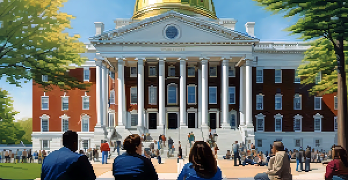 An illustration of the New Jersey State House with citizens discussing outside, under a bright blue sky.