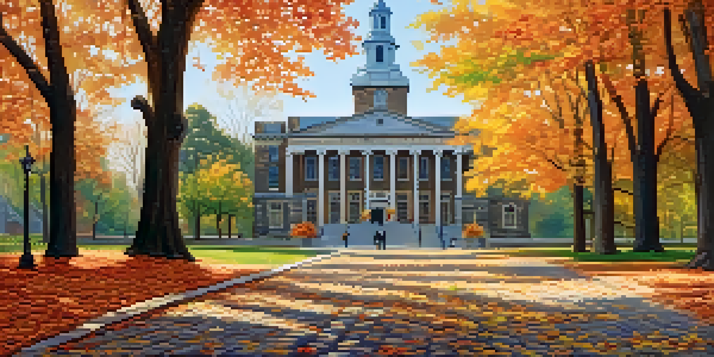 A historic building, Nassau Hall in Princeton, surrounded by colorful autumn trees and a clear blue sky.