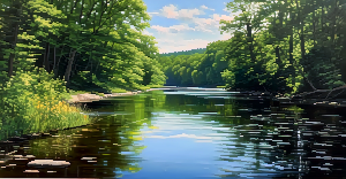 A peaceful river scene in Hacklebarney State Park with green trees and colorful flowers under a bright sky.