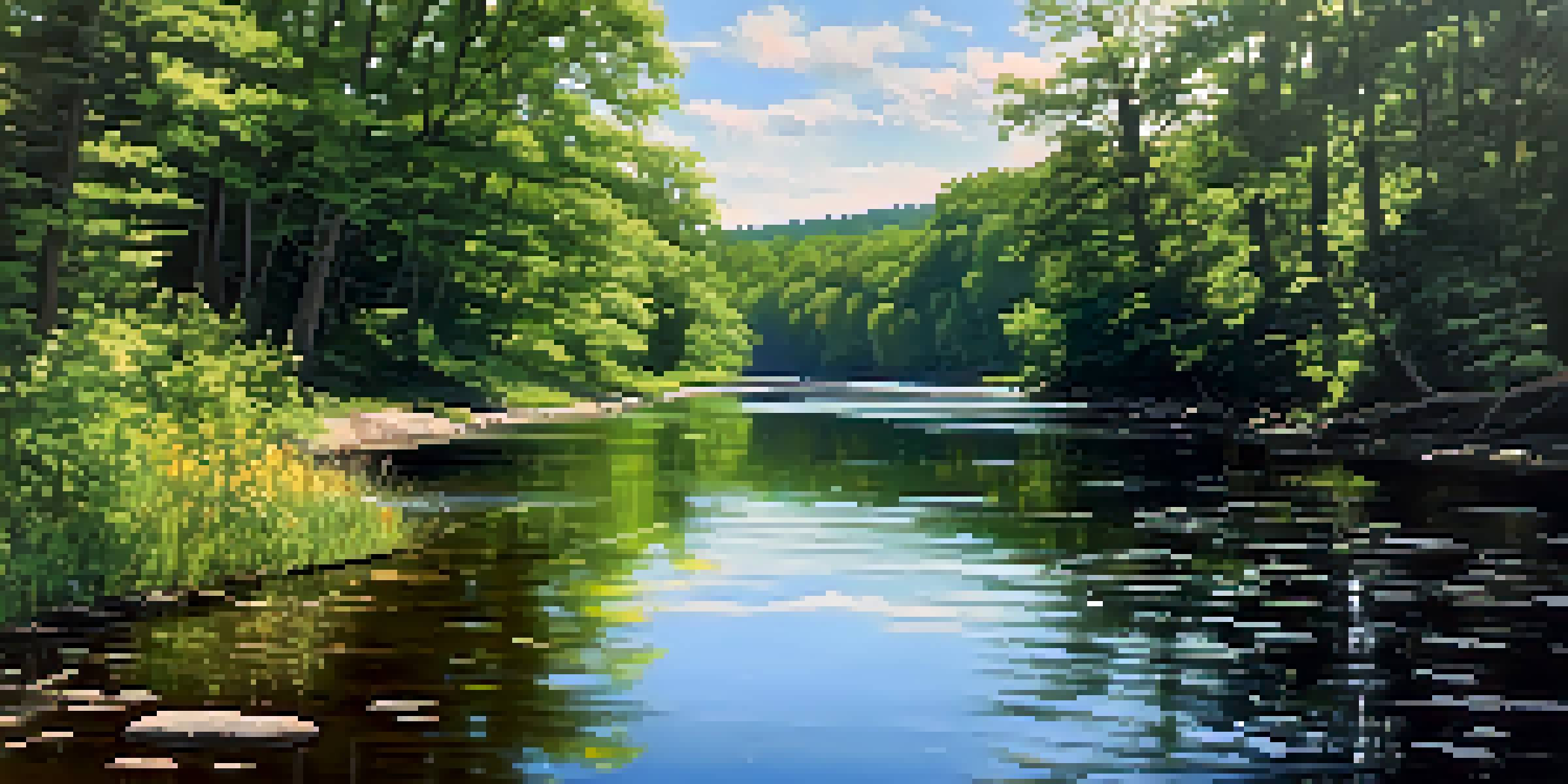A peaceful river scene in Hacklebarney State Park with green trees and colorful flowers under a bright sky.