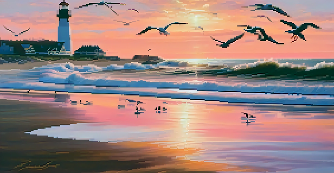 A picturesque New Jersey coastline at sunset with colorful reflections on the water and a lighthouse in the distance.