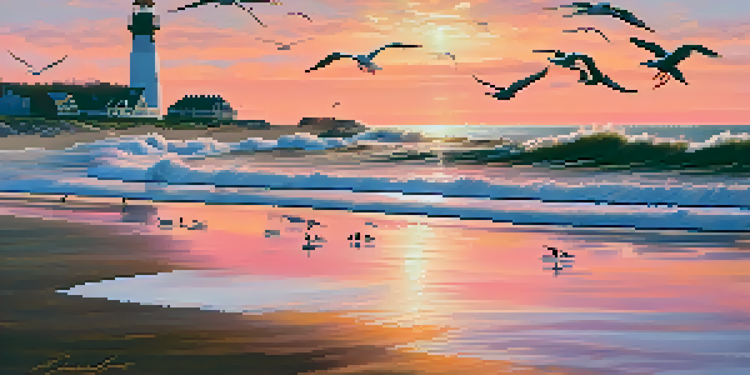 A picturesque New Jersey coastline at sunset with colorful reflections on the water and a lighthouse in the distance.