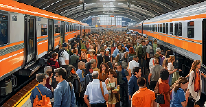 A bustling New Jersey train station filled with diverse commuters boarding a NJ Transit train.