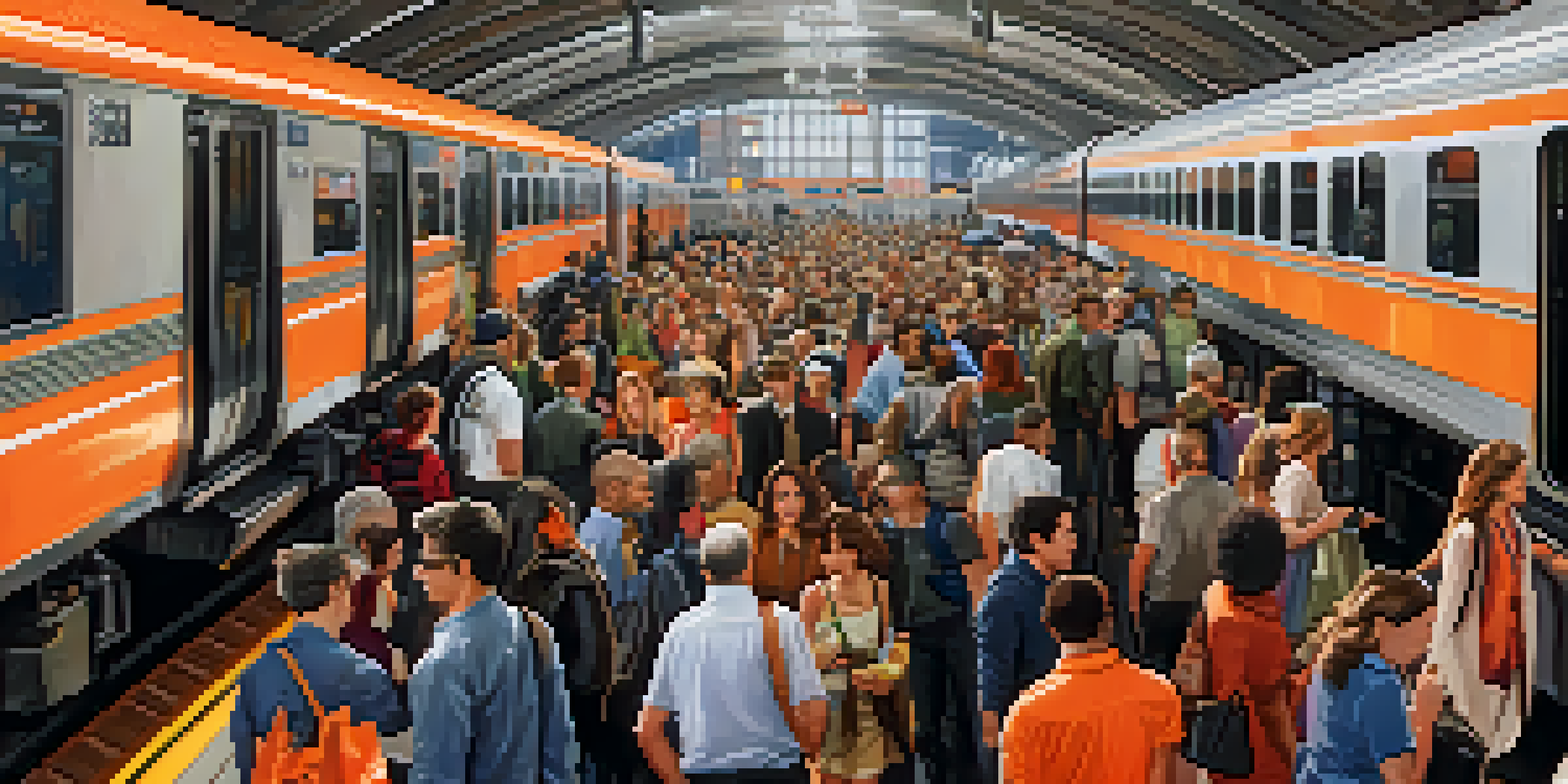 A bustling New Jersey train station filled with diverse commuters boarding a NJ Transit train.