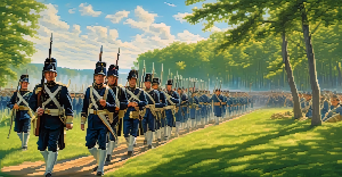 A group of New Jersey soldiers in Union uniforms marching through a green battlefield under a blue sky, with cannons in the background.
