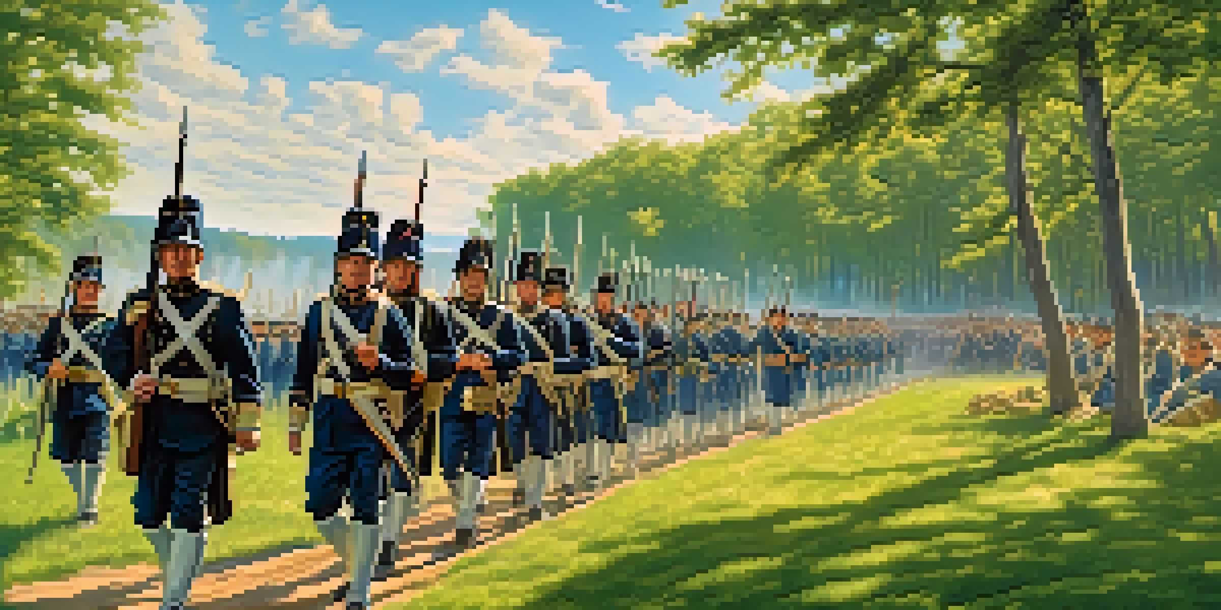 A group of New Jersey soldiers in Union uniforms marching through a green battlefield under a blue sky, with cannons in the background.