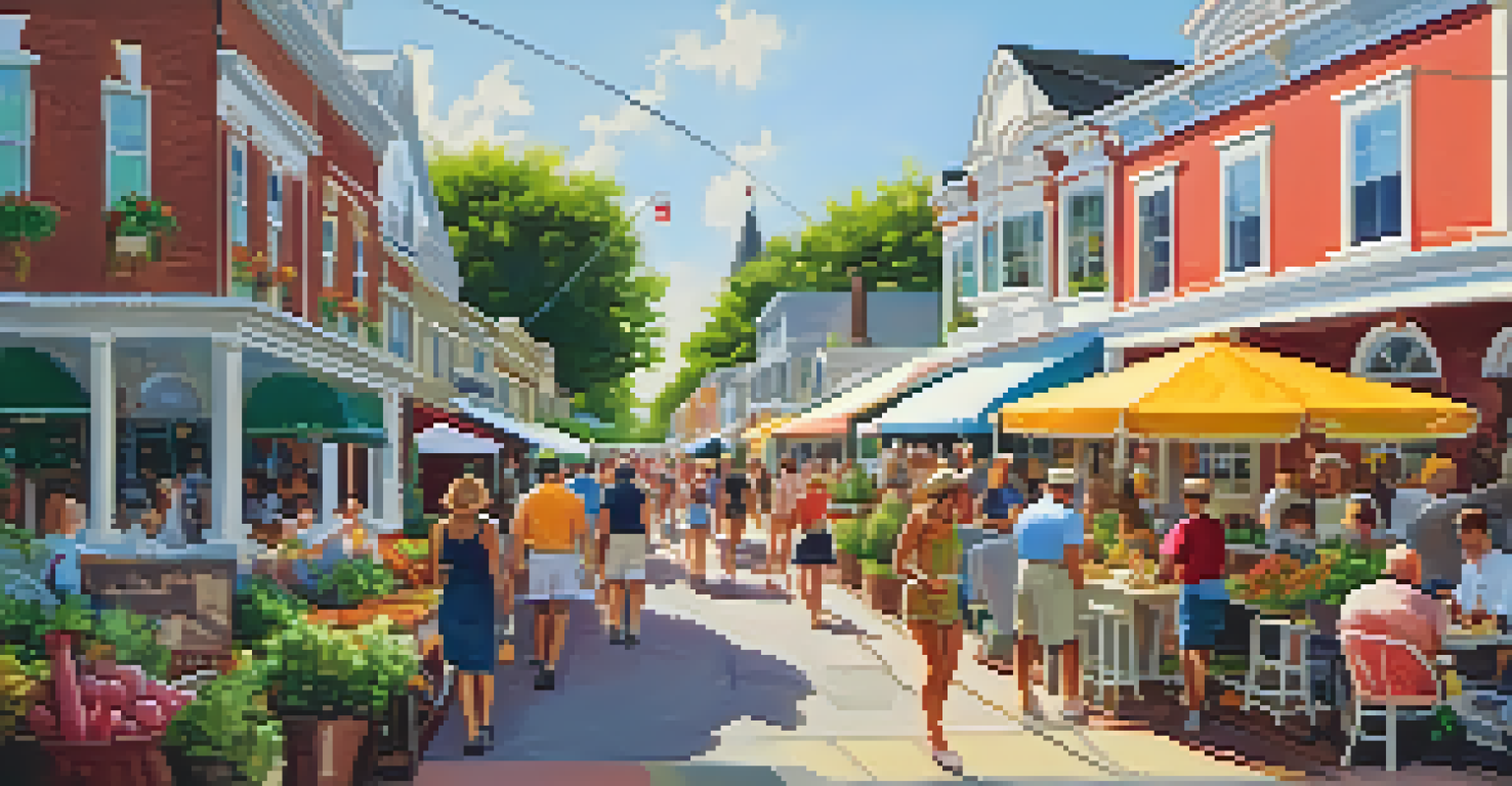 A charming street scene from the Cape May Food and Wine Festival, with attendees sampling food and wine amidst colorful vintage buildings.