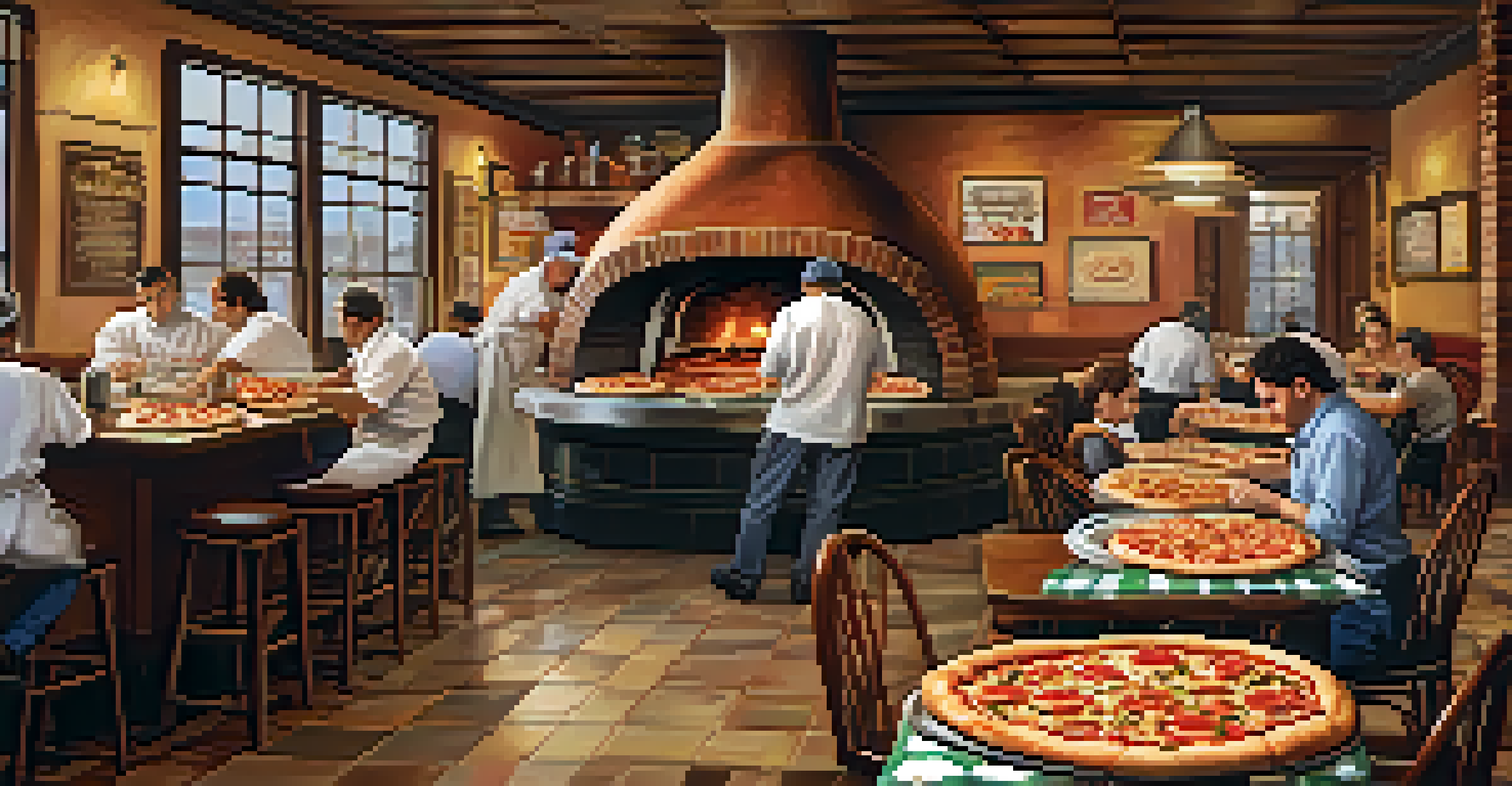 An Italian pizzeria in Hoboken with chefs preparing pizzas in a wood-fired oven and customers enjoying meals at wooden tables.