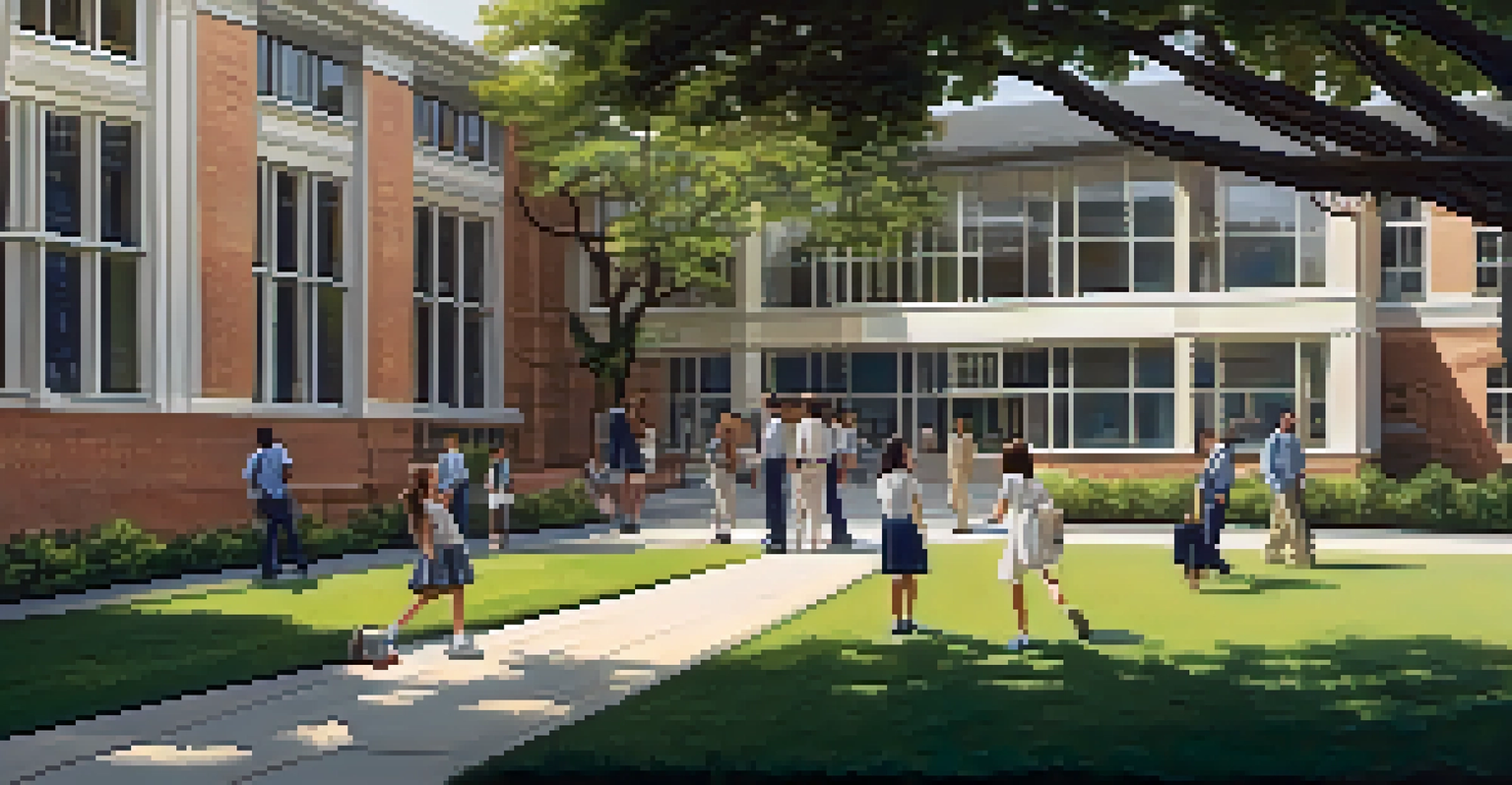 An exterior view of a private school with a beautiful garden, students playing, and teachers engaging with them in a bright and inviting atmosphere.