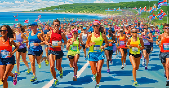 A diverse group of runners competing in the New Jersey Marathon, with spectators cheering along a scenic beach route under a clear blue sky.