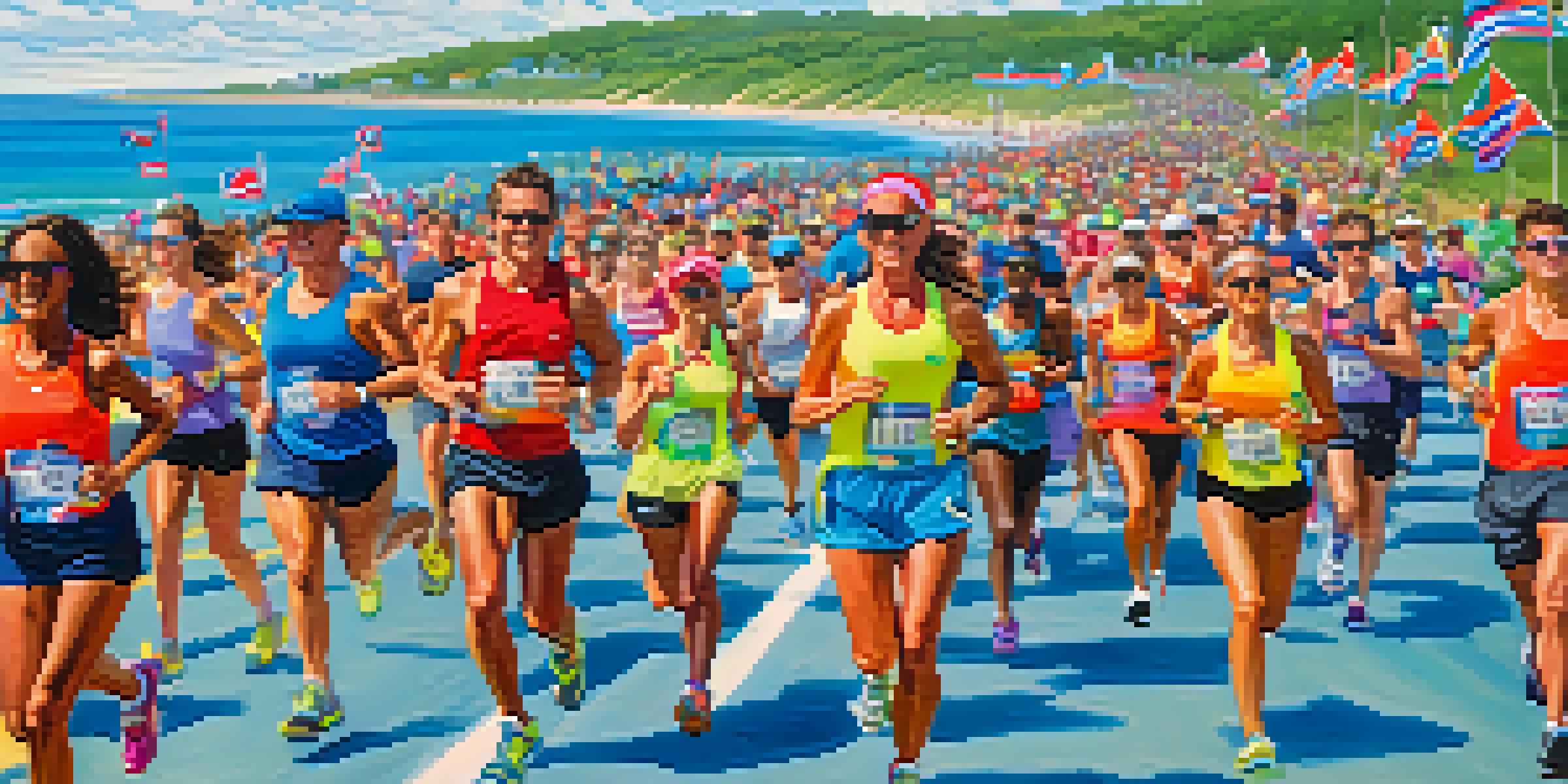 A diverse group of runners competing in the New Jersey Marathon, with spectators cheering along a scenic beach route under a clear blue sky.