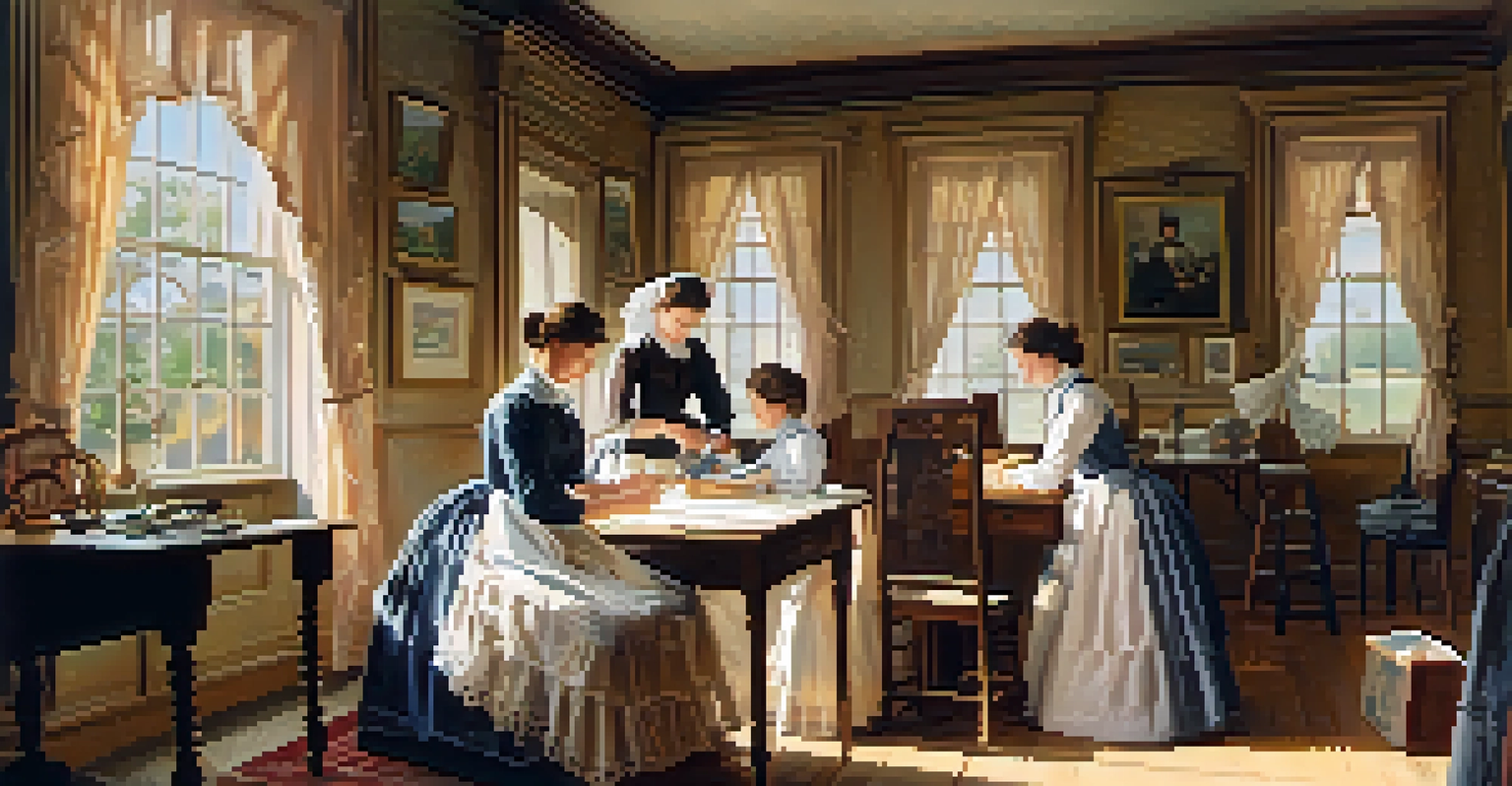 Women in a 19th-century home in New Jersey sewing and knitting to support Civil War soldiers, with sunlight filtering through lace curtains.