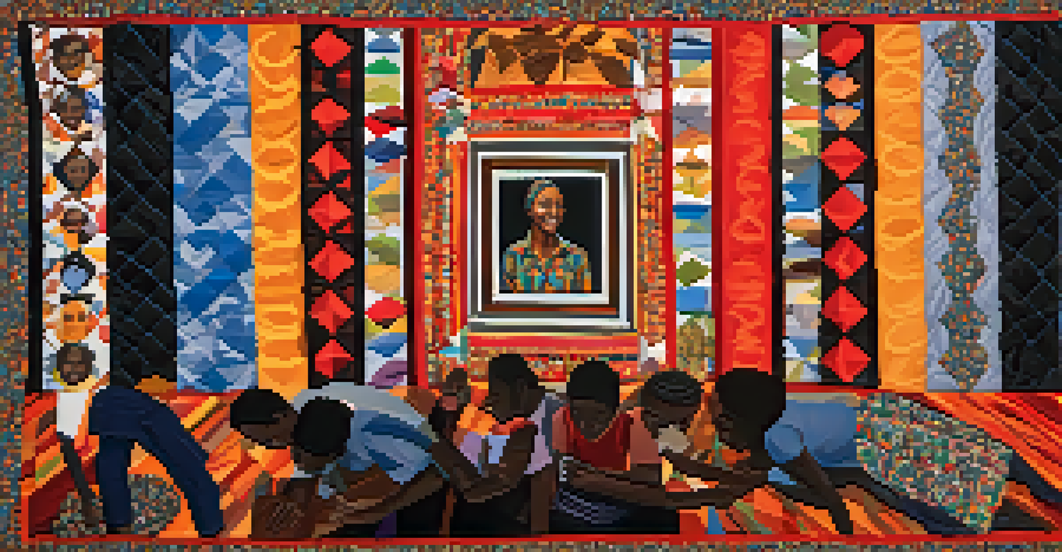 A colorful quilt showcasing African American history, filled with intricate patterns and narrative scenes in a cozy room.
