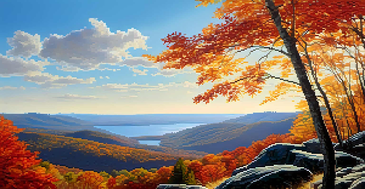 A scenic view from Kittatinny Ridge, showcasing vibrant autumn colors and a vast valley under a clear blue sky.