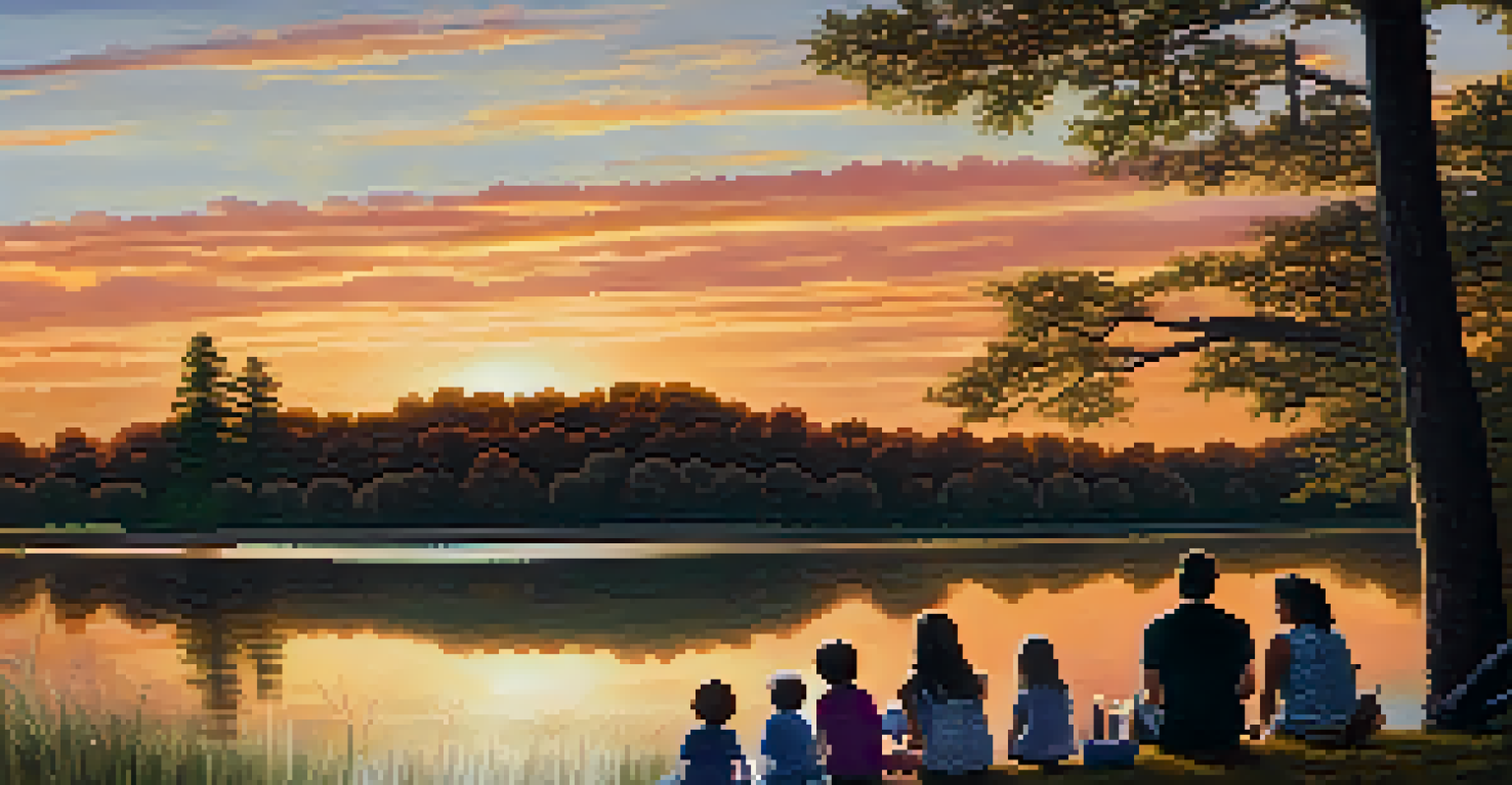A family having a picnic by the lake at Round Valley Recreation Area during sunset, with trees surrounding the serene water.