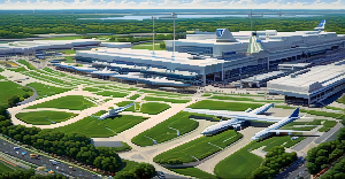 A wide view of Newark Liberty International Airport showing planes in motion and the surrounding greenery, with bright skies overhead.