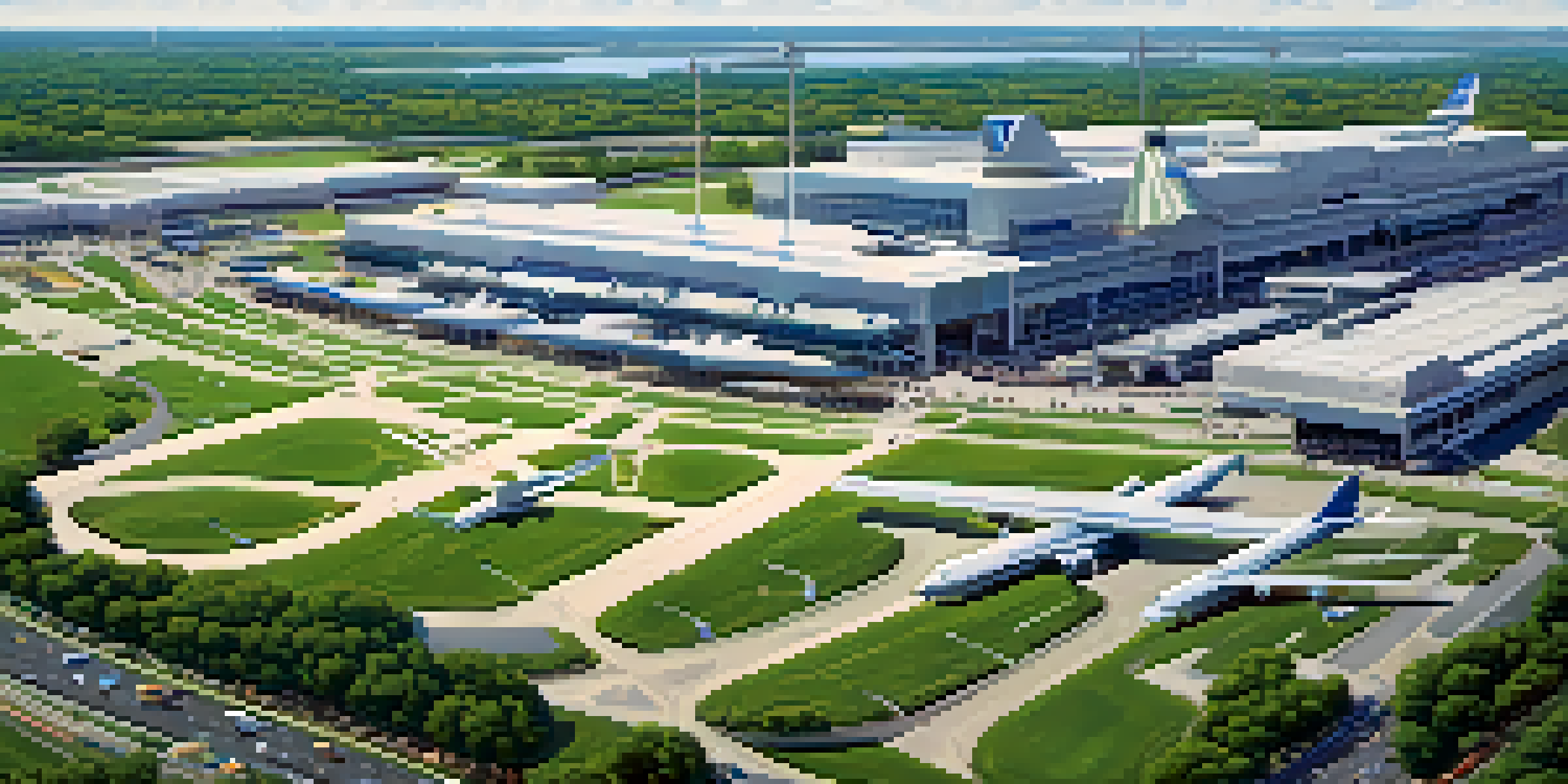 A wide view of Newark Liberty International Airport showing planes in motion and the surrounding greenery, with bright skies overhead.