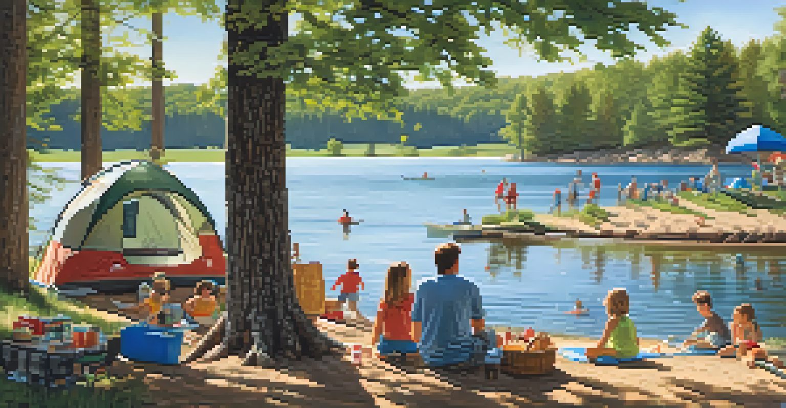 A family enjoying a camping day at a lake, with children playing in the water and a picnic setup on the beach.