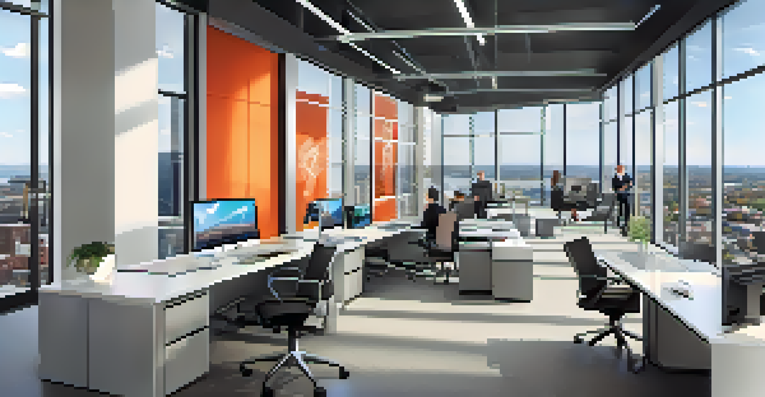 A modern office in New Jersey with diverse professionals collaborating over technology and a vibrant workspace.
