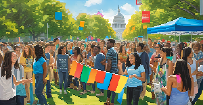 A diverse group of young voters engaging in discussions about social issues in a sunny park.