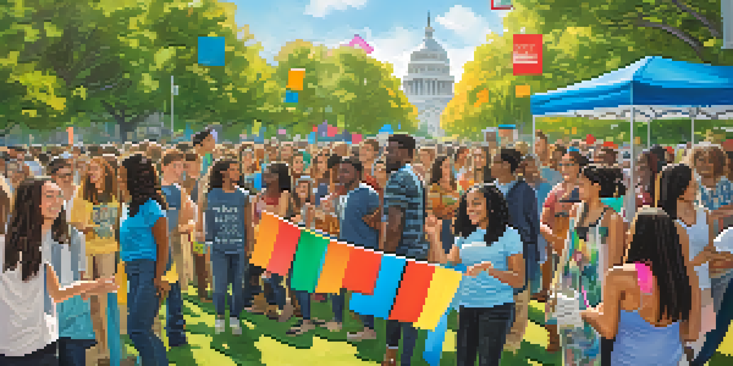 A diverse group of young voters engaging in discussions about social issues in a sunny park.