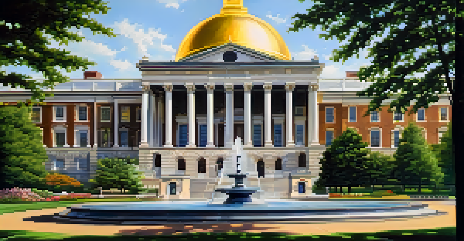 The golden dome of the New Jersey Statehouse surrounded by colorful flowers and a clear blue sky.