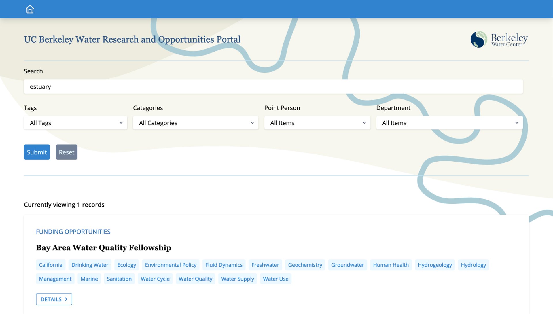 A screenshot of UC Berkeley Water Portal search bar