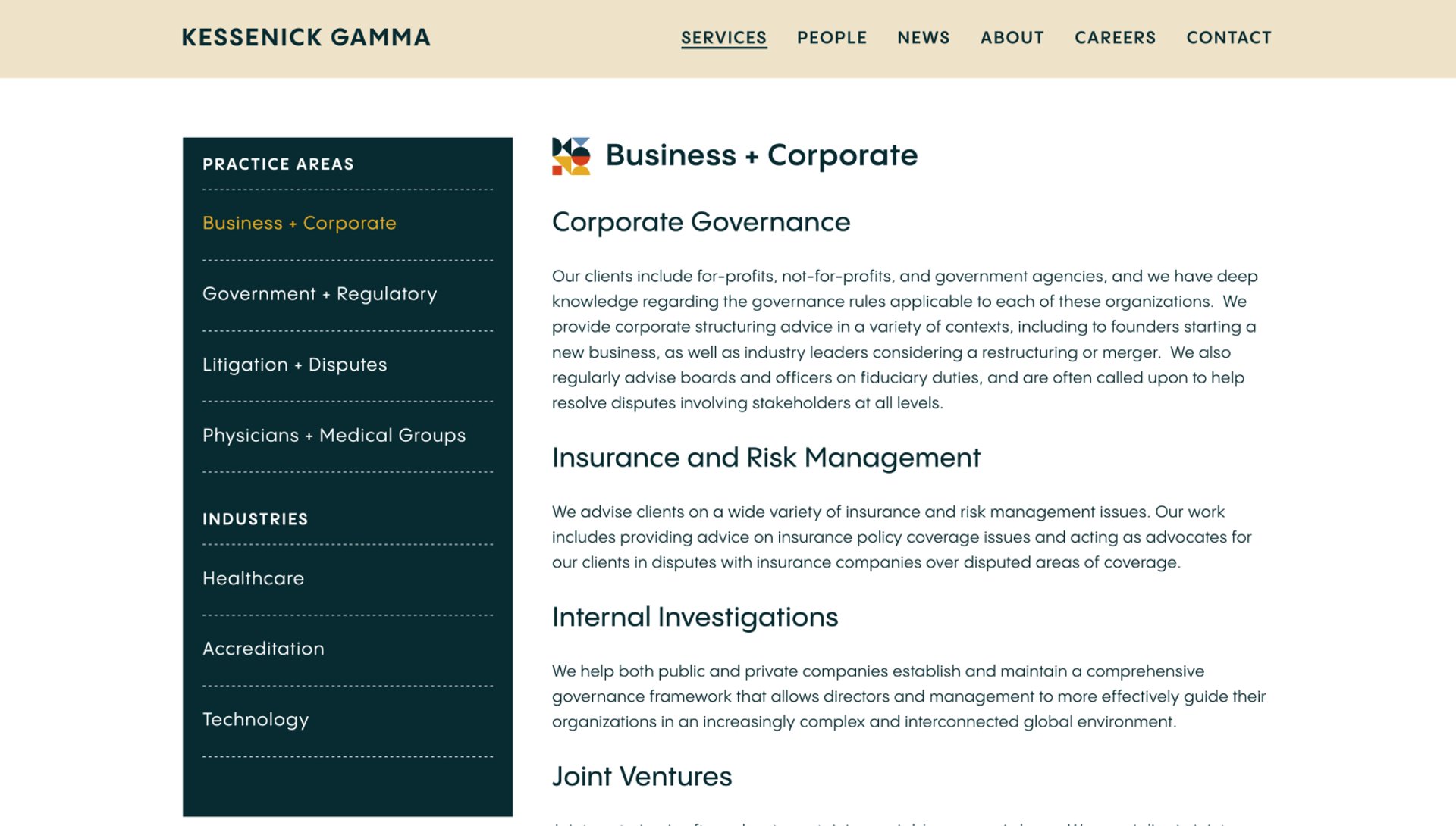 Screenshot of Kessenick Gamma practice area page