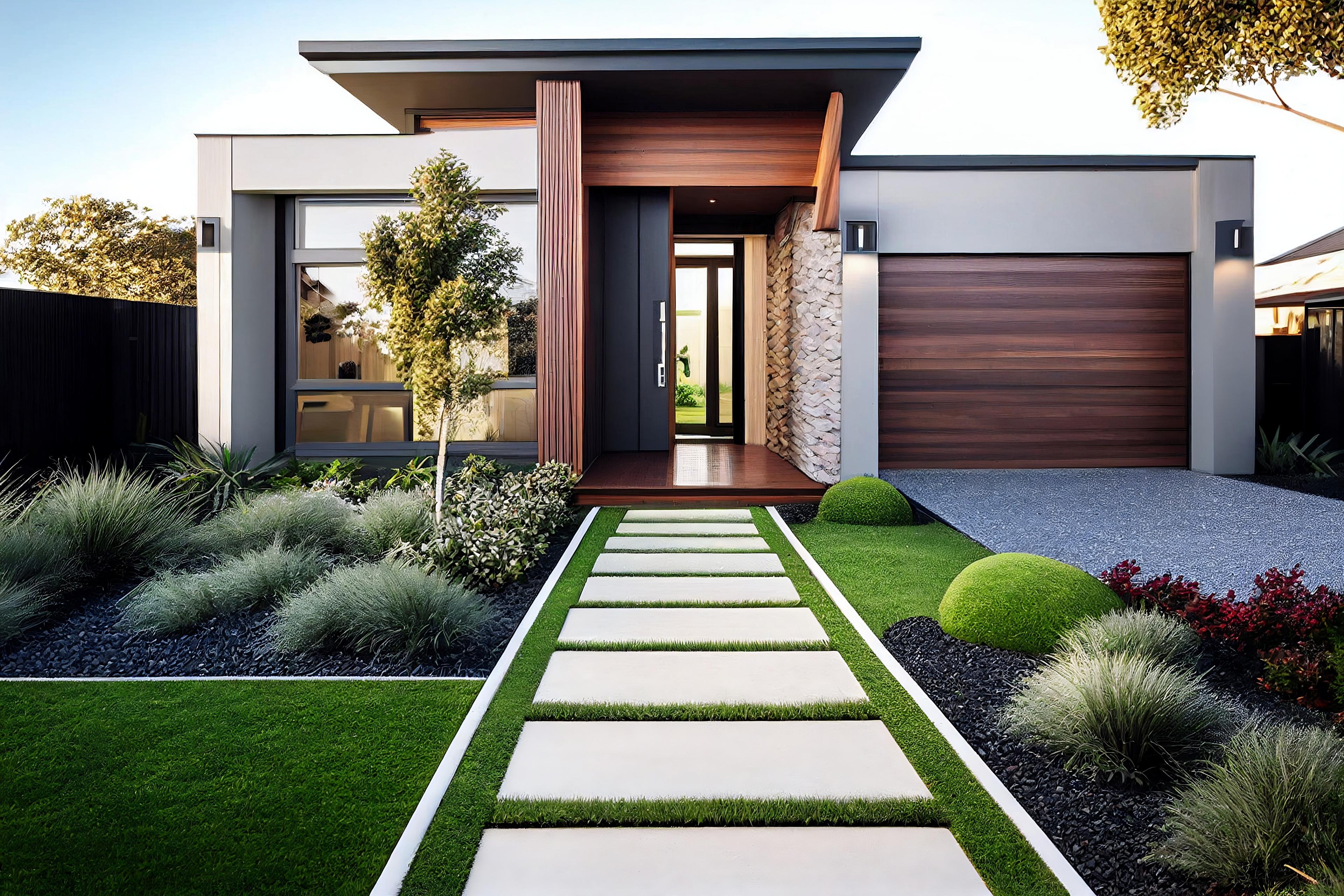 single storey home facade with stacked stone and wooden feature with single garage and large windows.