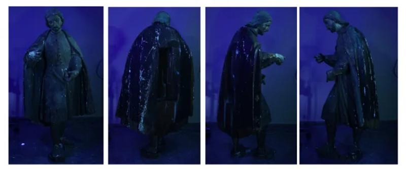 Estudio con luz ultravioleta que revela los repintes de la escultura