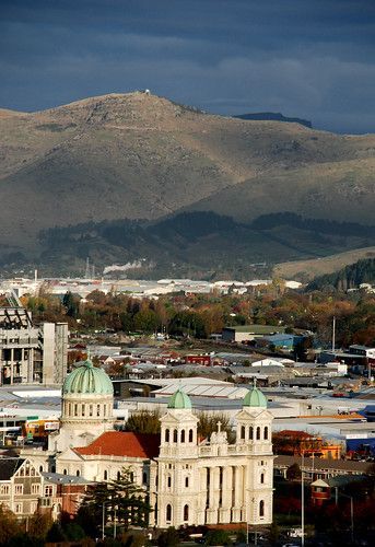 Catholic cathedral and Port Hills, Christchurch, NZ