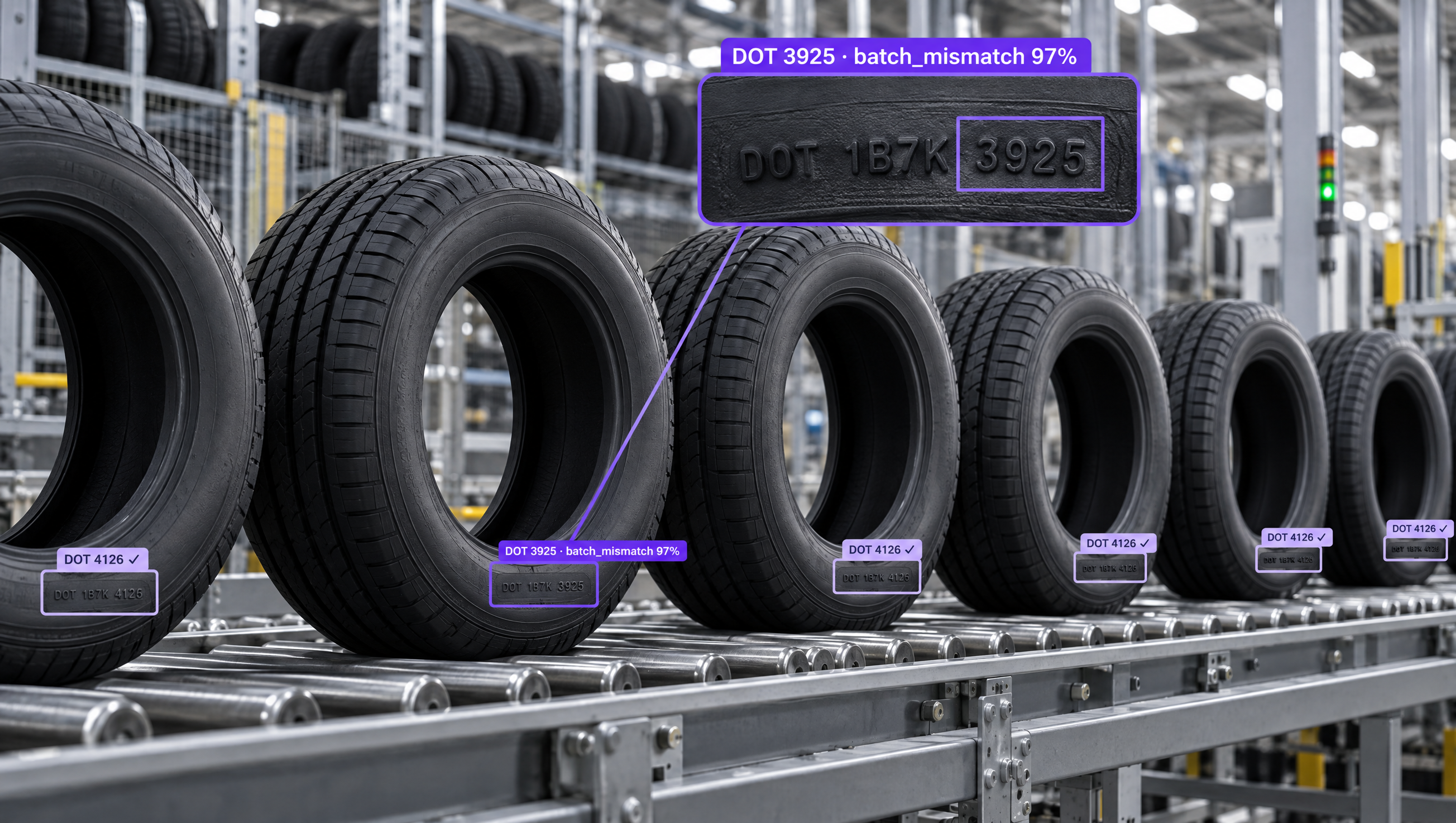 AI inspecting DOT codes on tires on a factory conveyor, highlighting a batch mismatch.