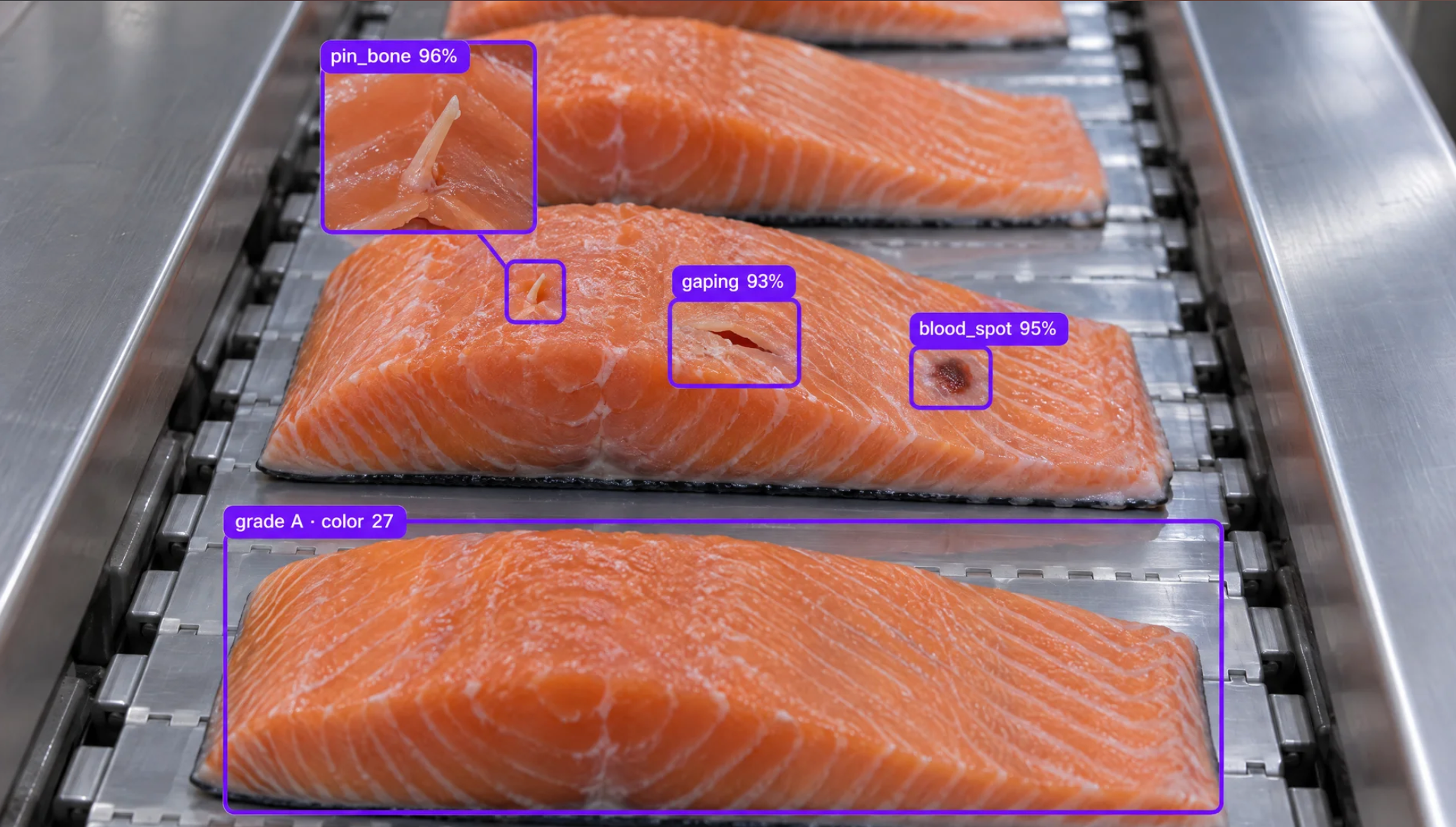 AI system inspecting salmon fillets on a conveyor belt, with labels highlighting defects like pin bones, gaping, blood spots, and grading a fillet as 'grade A'.