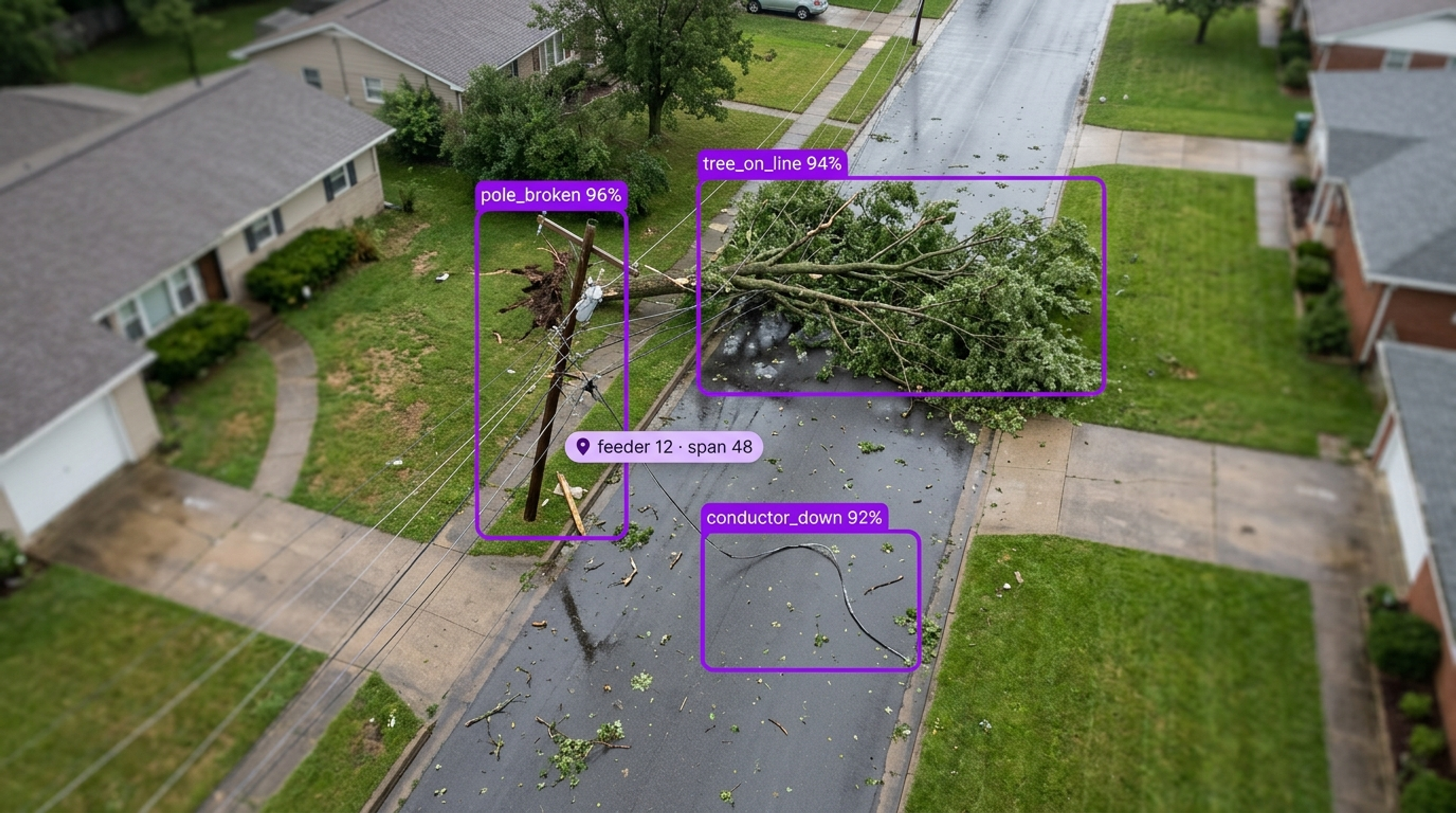Aerial view of a residential street with storm damage: a broken utility pole, a large tree fallen across the road, and a downed power line, all marked by AI object detection boxes.