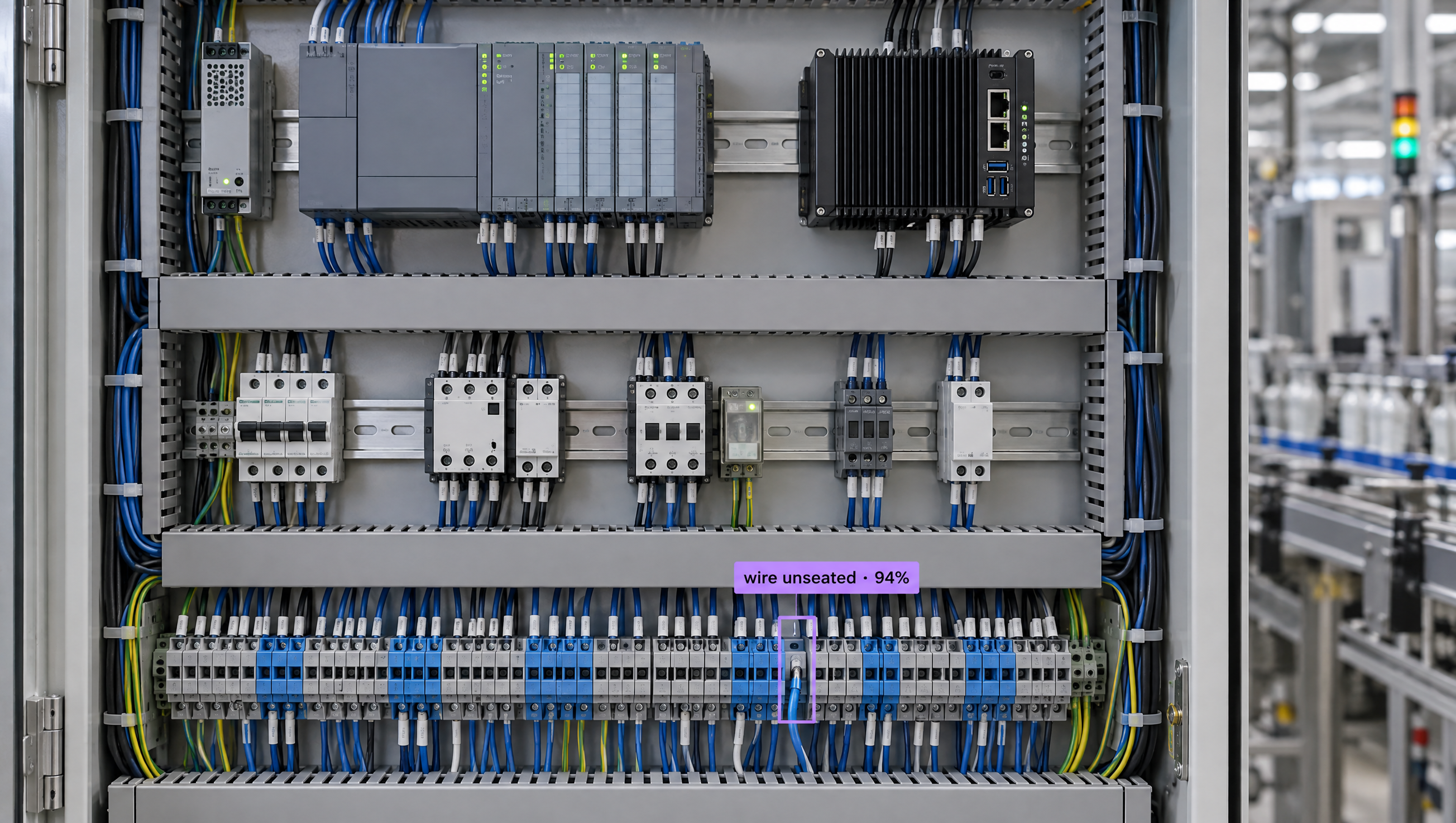 Industrial electrical panel with AI detection highlighting an unseated wire.