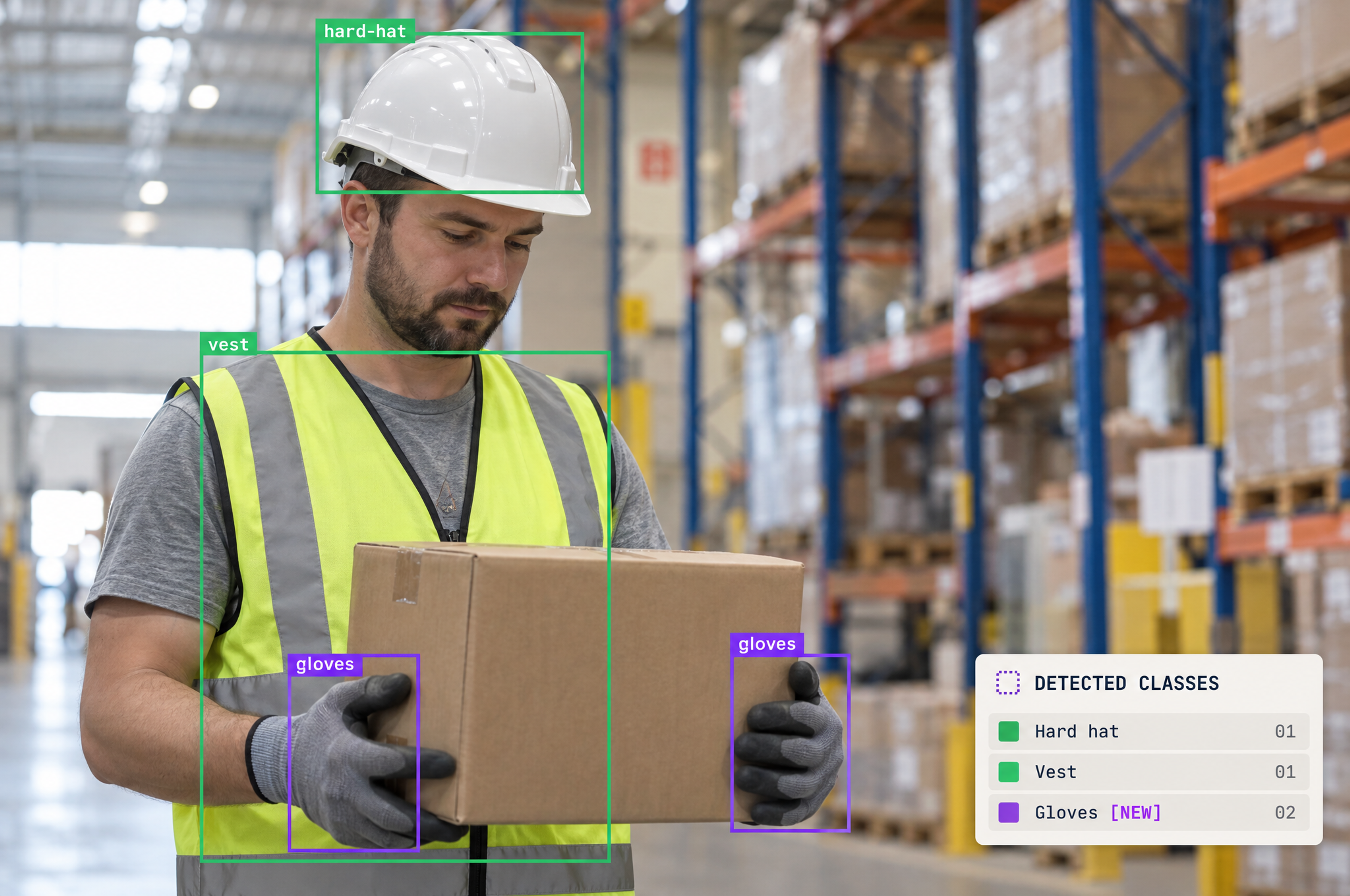 Object detection highlighting a worker's hard hat, vest, and gloves as he holds a box in a warehouse.