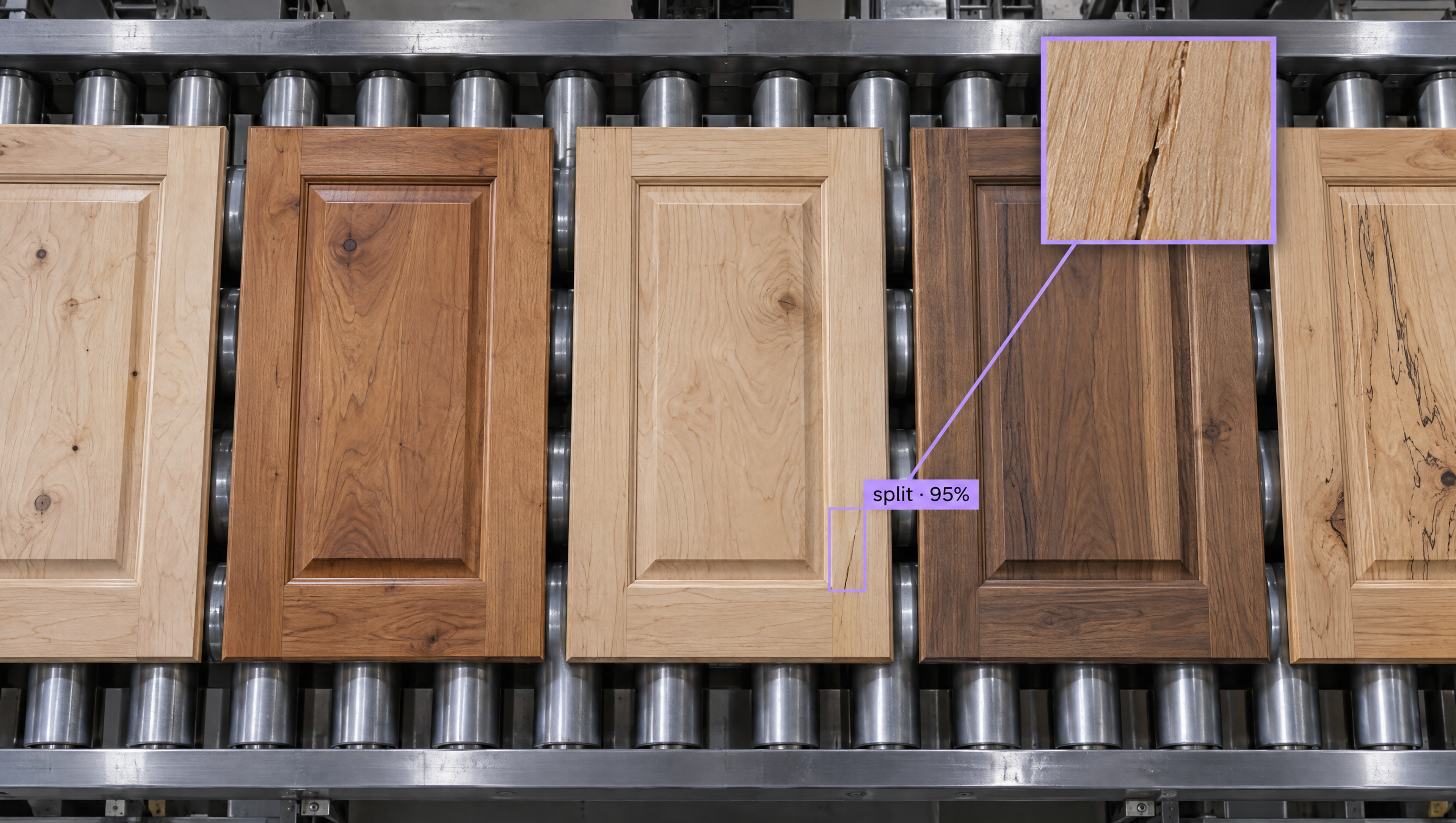Five wooden cabinet doors on a conveyor belt, one with a "split - 95%" label and a magnified view of a crack.