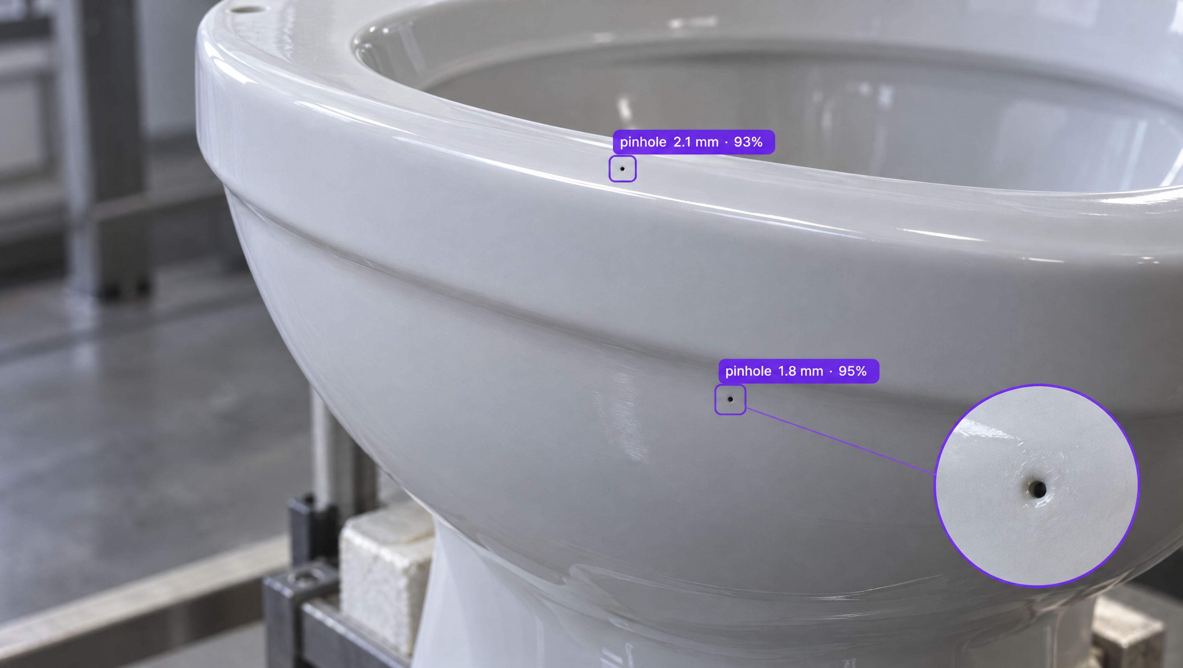 White ceramic toilet bowl with two labeled pinhole defects, one magnified in an inset.