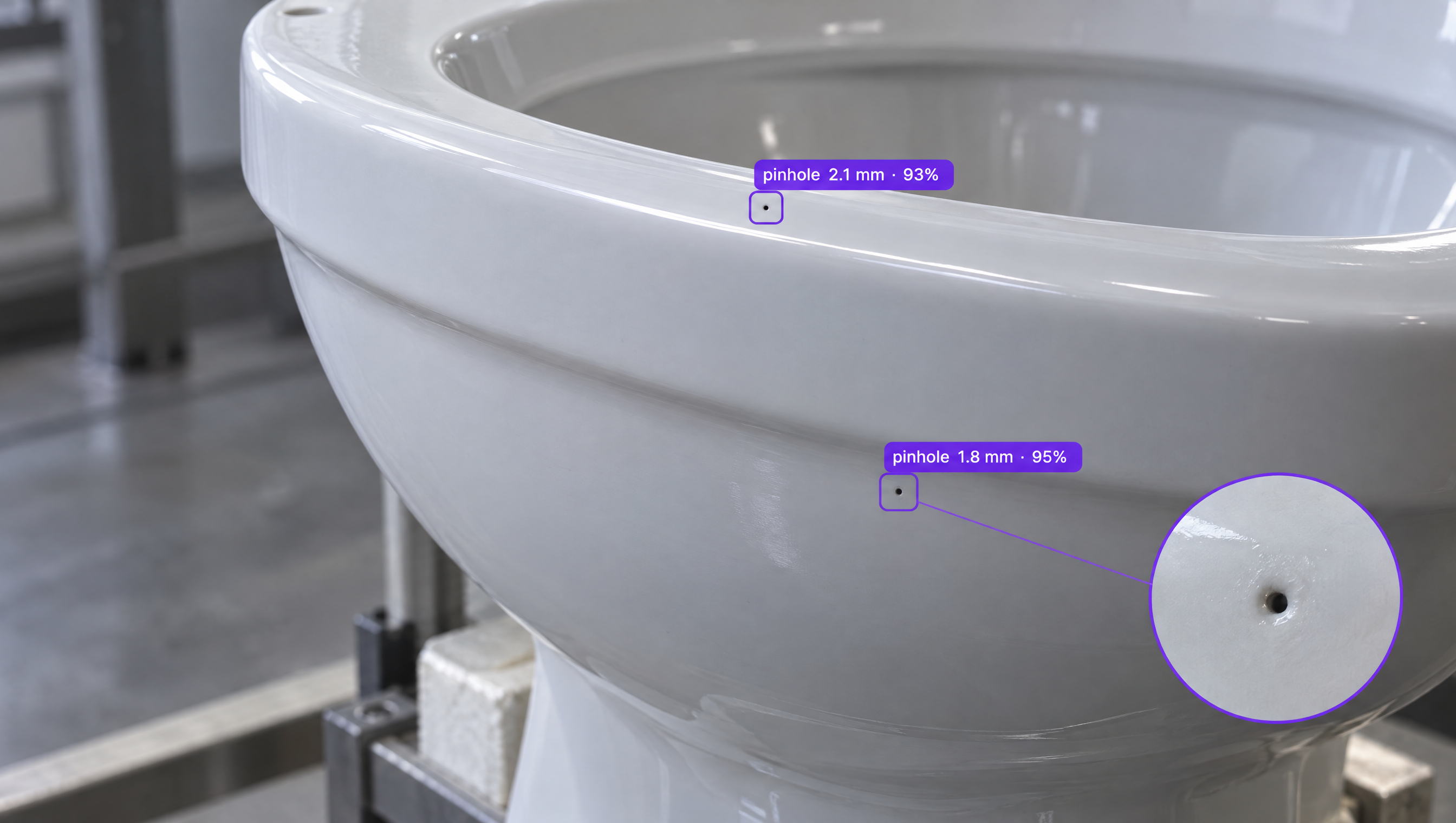 White ceramic toilet bowl with two labeled pinhole defects, one magnified in an inset.