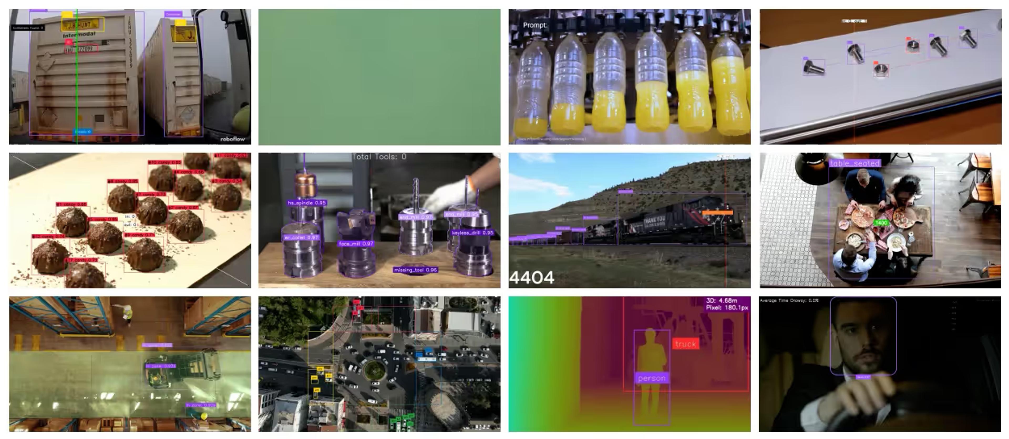 Grid of computer vision model outputs on video across manufacturing, logistics, retail and robotics