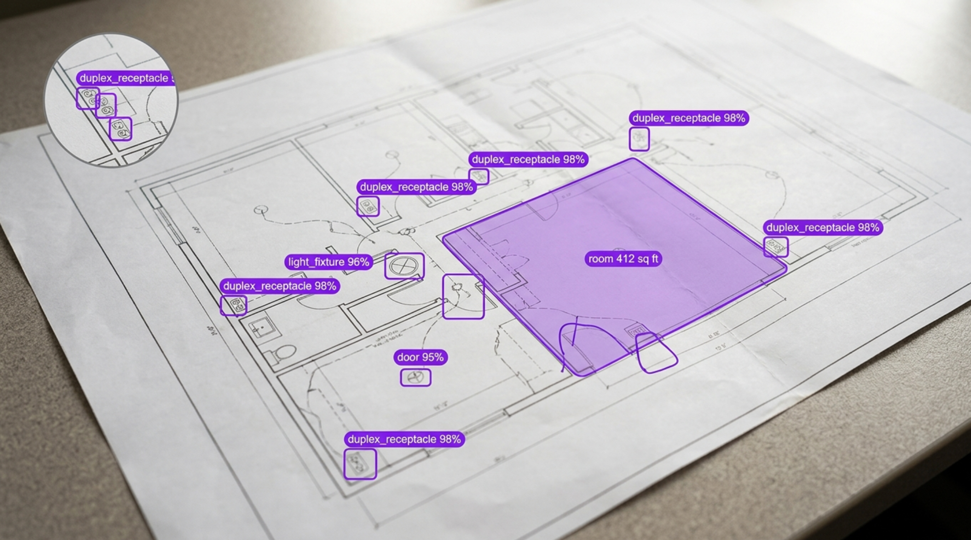 An architectural blueprint with purple AI detection labels highlighting electrical components, a door, and a room's area.