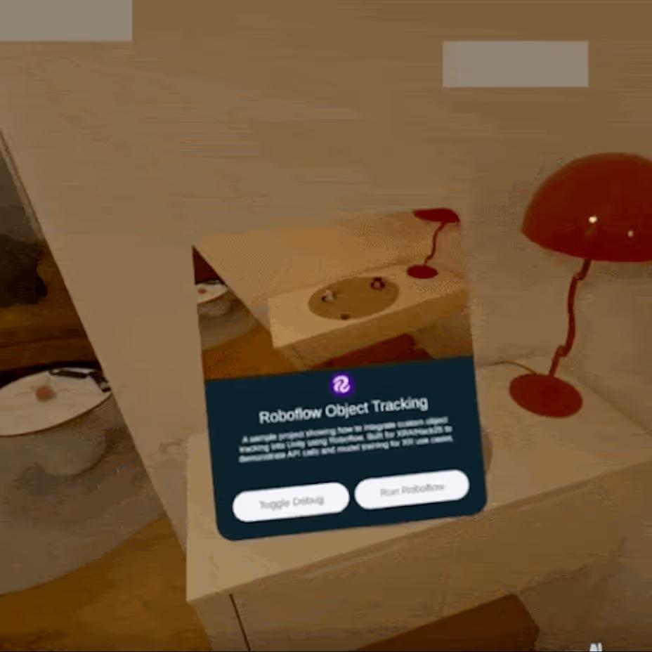 Mixed reality headset view running a Roboflow object tracking app