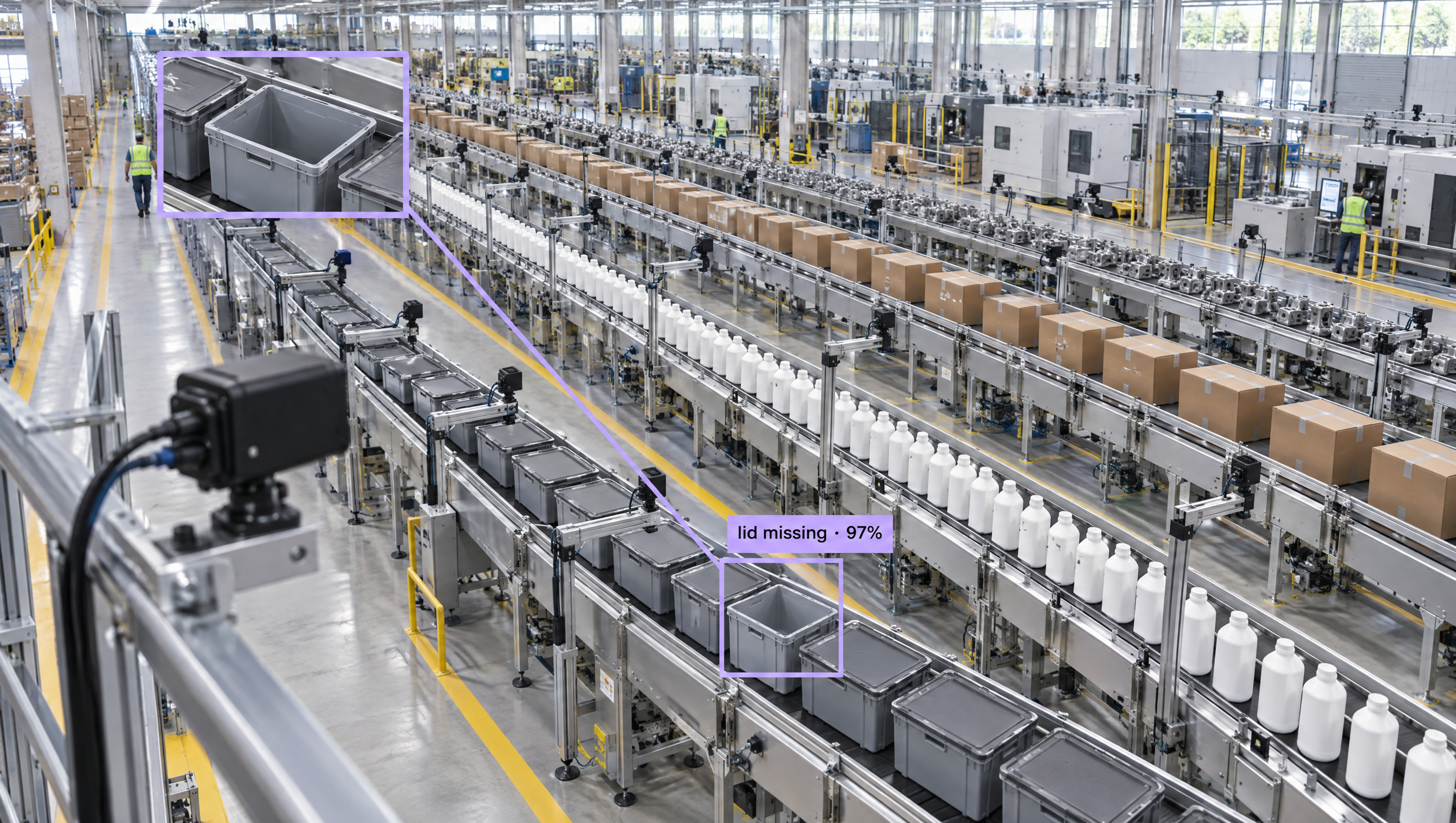 AI vision system identifying a missing lid on a grey bin on an industrial conveyor belt.